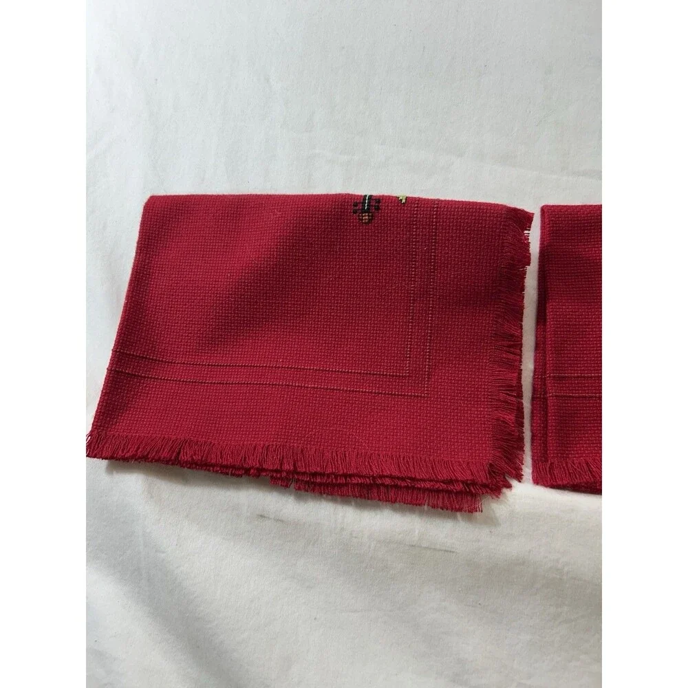 Vintage Handmade Cross Stitch Christmas Placemats Set 2 Red Linen Drum Violin